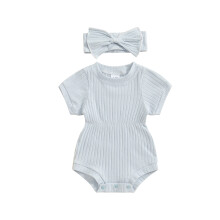 (6-9 Months, Blue) Conjunto para recém-nascida, body liso de manga curta e gola redonda com faixa de cabelo com laço. Roupa de verão.