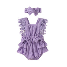 (12-18 Months, Purple) Csecsemő Kislány Nyári Overall Csipke Ujjú Szögletes Nyakú Masni Romper Fejpánttal