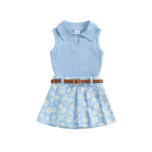 (4-5 Years, Blue) Ensemble d'été 2 pièces fille : débardeur uni sans manches et jupe plissée à fleurs.