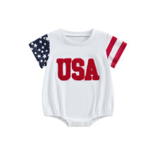 (9-12 Months, White) Combinaison bébé fille/garçon independence, manches courtes, col rond, broderie lettres, étoiles et rayures
