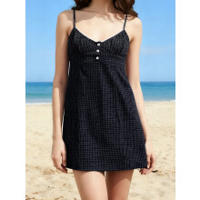 (S, Black) Robe d'été courte femme, bretelles spaghetti, sans manches, dentelle, col V, à carreaux.