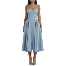 (M, Light Blue) Robe midi d'été décolleté plongeant.