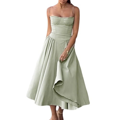 (M, Green) Robe midi d'été décolleté plongeant.