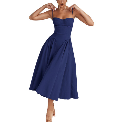 (L, Dark Blue) Robe midi d'été décolleté plongeant.