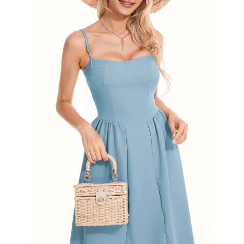 (L, Light Blue) Robe midi d'été décolleté plongeant. 2