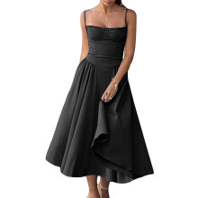 (L, Black) Robe midi d'été décolleté plongeant.