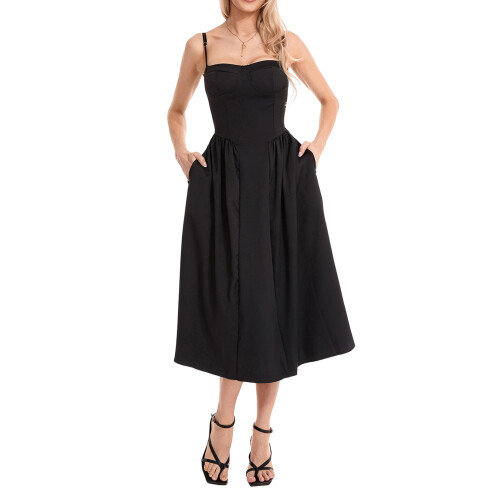 (M, Black) Robe midi d'été décolleté plongeant. 1