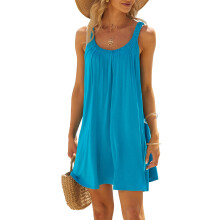(XL, Blue) Robe de plage courte d'été pour femme, couleur unie, sans manches, dos nu, col en U