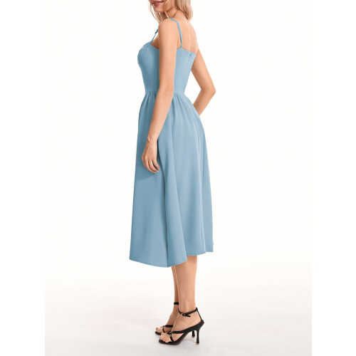 (M, Light Blue) Robe midi d'été décolleté plongeant. 2