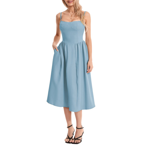 (L, Light Blue) Robe midi d'été décolleté plongeant. 1
