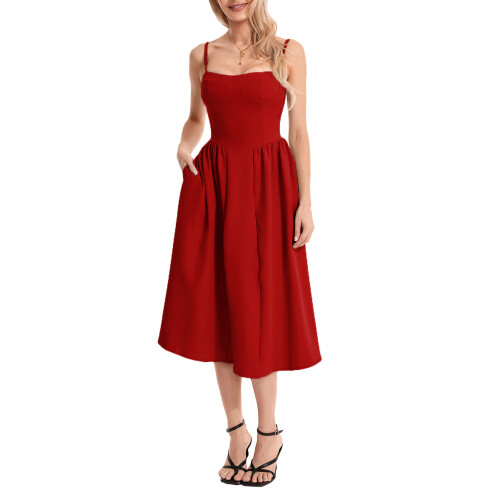 (S, Red) Robe midi d'été décolleté plongeant. 1