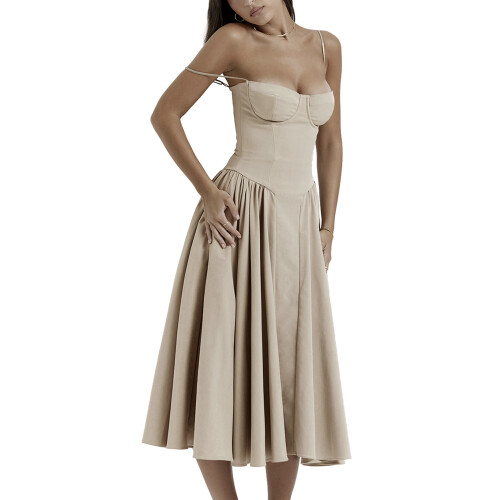 (M, Khaki) Robe midi d'été décolleté plongeant. 1