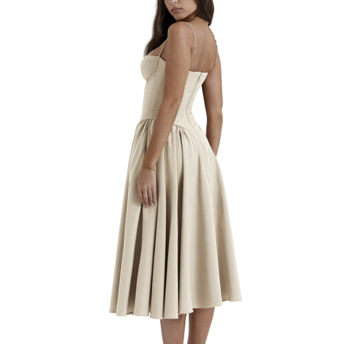 (M, Khaki) Robe midi d'été décolleté plongeant. 2