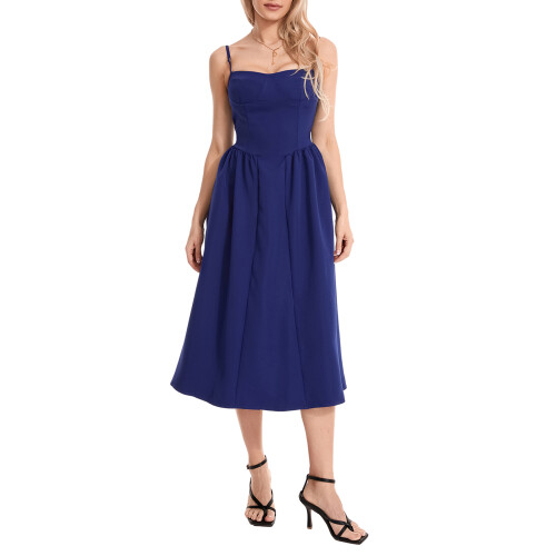 (M, Dark Blue) Robe midi d'été décolleté plongeant. 1