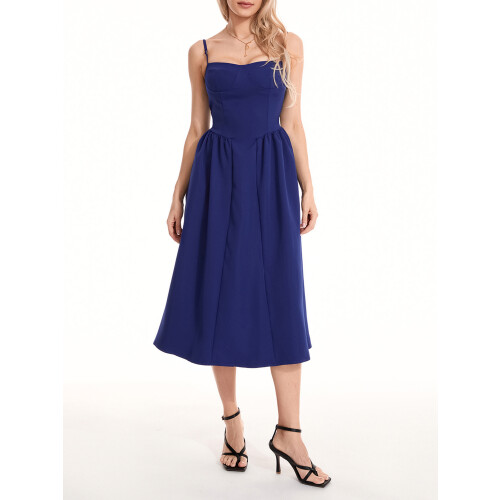 (M, Dark Blue) Robe midi d'été décolleté plongeant. 2