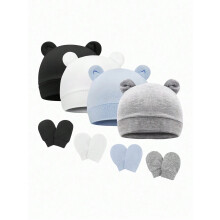 Baby Hat and Mittens Set for Winter, Hypoallergenic Baby Beanie with Bear Ears, Soft Cotton Warm and Breathable Infant Caps, Classic Design Unisex