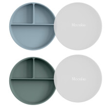 Moonkie Suction Plates for Babies & Toddlers | BPA-Free Weaning Plate with Lid | Silicone Divided Plate | Microwave and Dishwasher Safe - 2 Pack (Eth