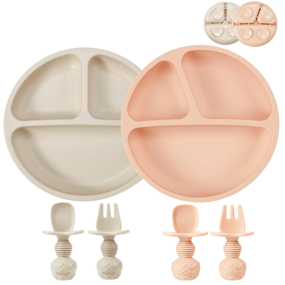 2 Pack Silicone Baby Suction Plates With 2 Spoons 2 Forks For Toddlers Kids Childrens| Sectioned Divided Baby Weaning Plates| Toddler Dinner Pandaear