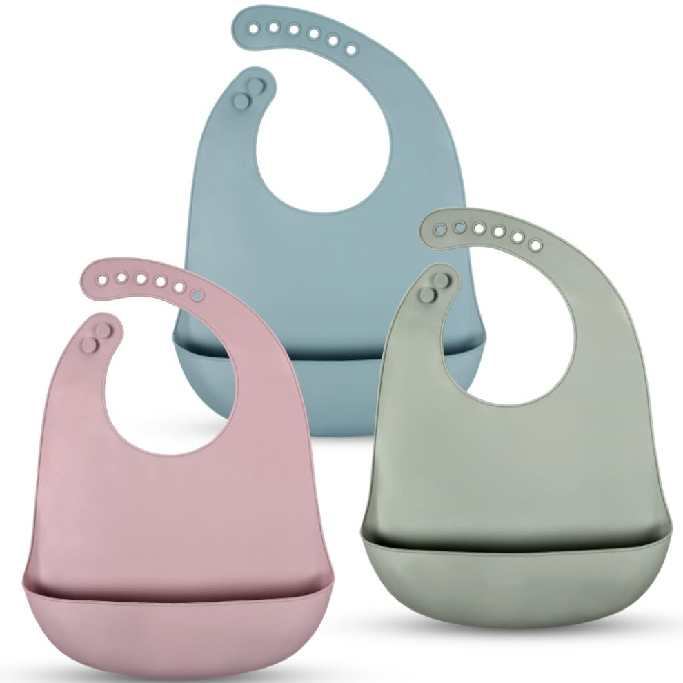Zgts 3 Pack Silicone Baby Bibs - Adjustable, Waterproof With Food Catcher Pocket - Unisex Soft For Babies And Toddlers (Blue/Green/Pink)