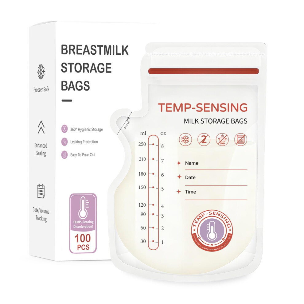 100Pcs Temp-Sensing Breast Milk Storage Bags- 250Ml Milk Storage Bags For Breastfeeding With Pour Spout | Bpa Free No-Leak Wesweet