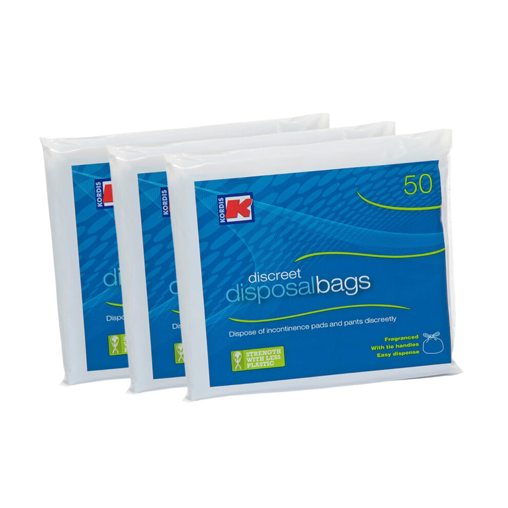 Kordis Large Adult Incontinence Disposal Bags - 3 X 50 Bags. Fragranced Nappy Sacks With Tie Handles - Disposable & Discreet. Hygienic Waste Disposal