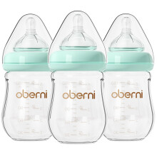 Oberni Anti-Colic Glass Baby Bottles with Slow Flow Breast-Like Silicone Teat, 150ml, 0+ Months, Wide-Neck, Blue/3Pack