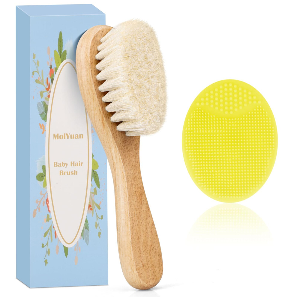 2Pcs Baby Hair Brush, Goat Bristles Brush And Baby Silicone Brush Set For Cradle Cap Wood Bristle Brush For Newborns And Toddlers Yellow Molyuan
