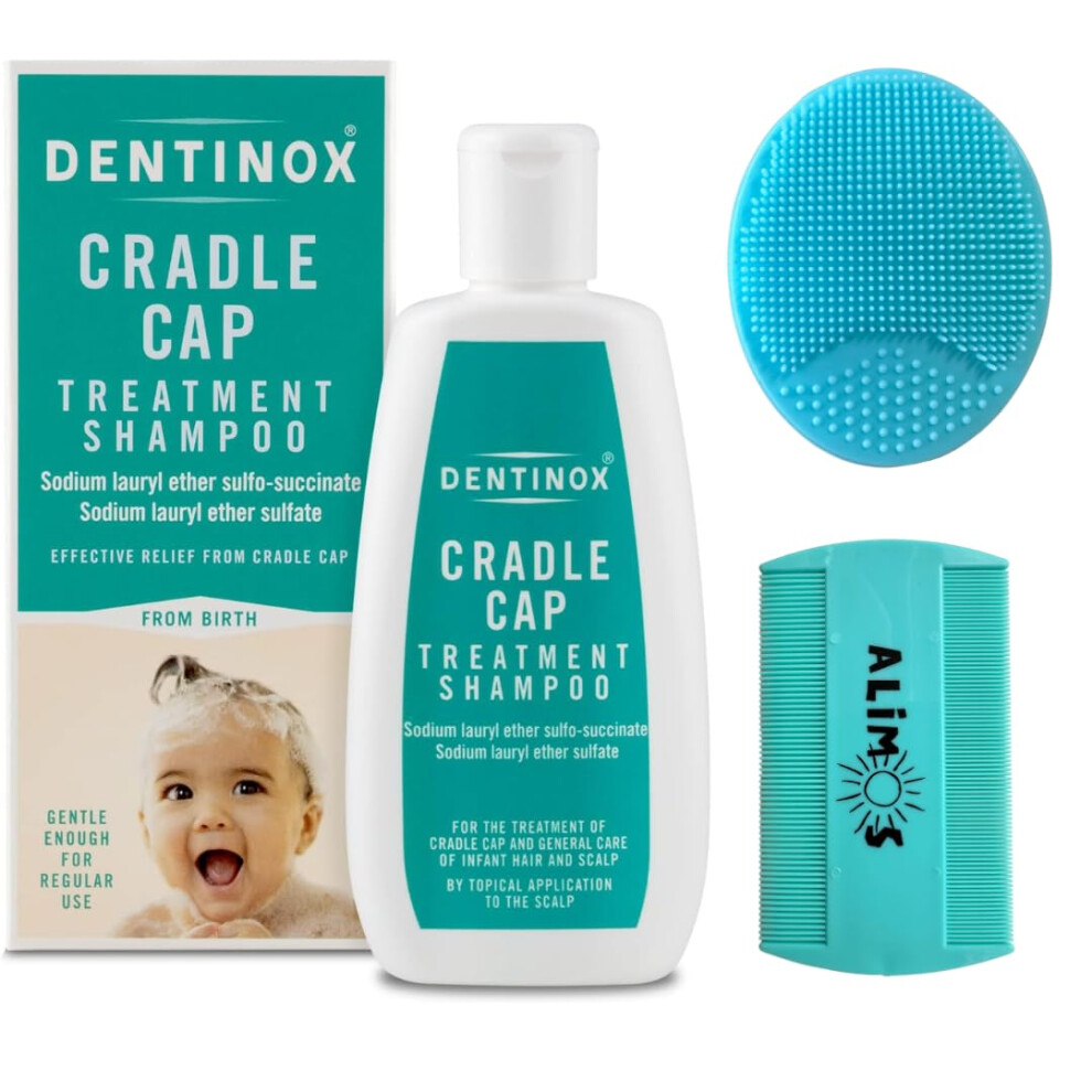 Baby Bath Silicone Brush & Fine Tooth Comb With Cradle Cap Treatment Shampoo For Babies, 125 Milliliters Alimos