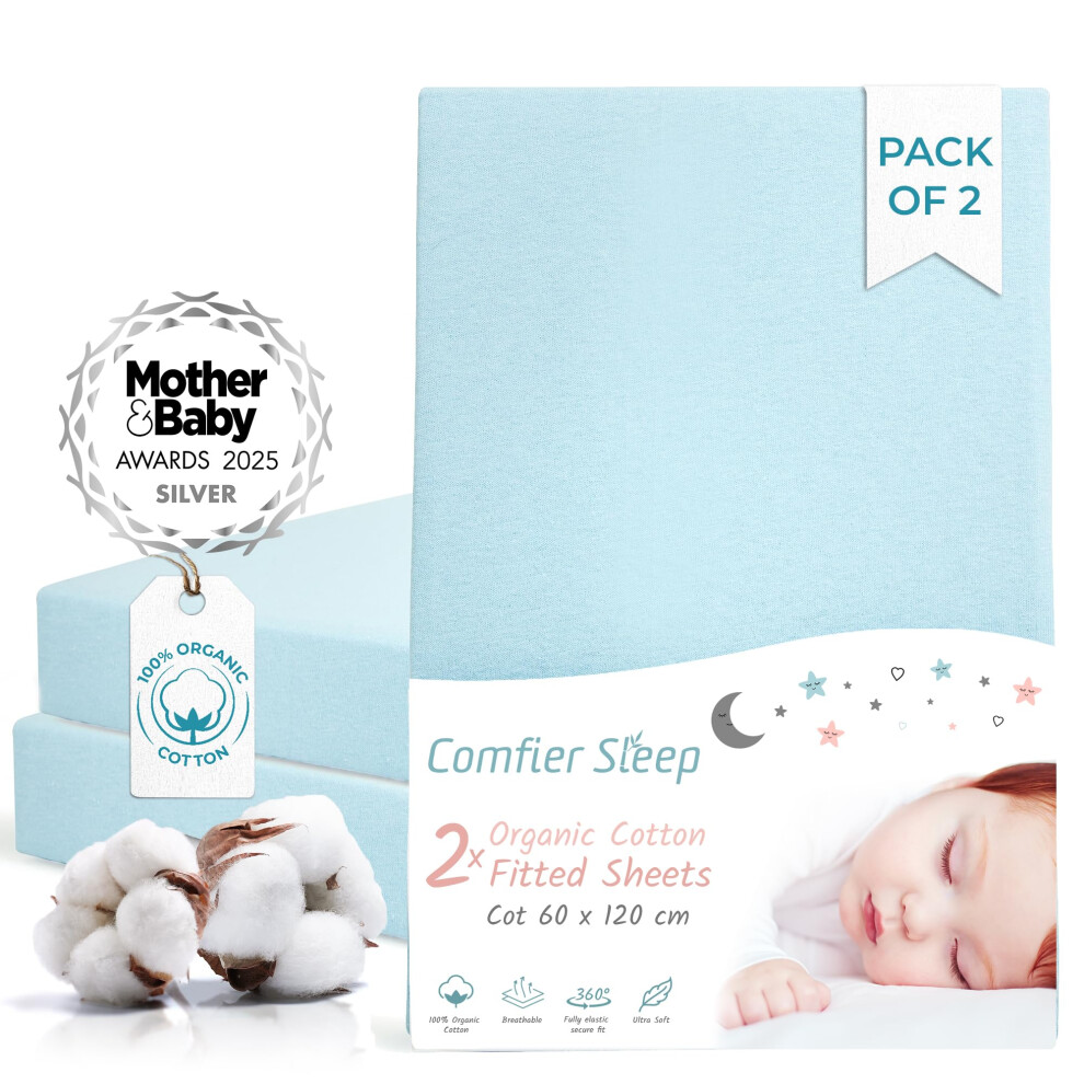 Comfier Sleep Blue Cot Sheets 120X60 Fitted – Organic Cotton 2 P