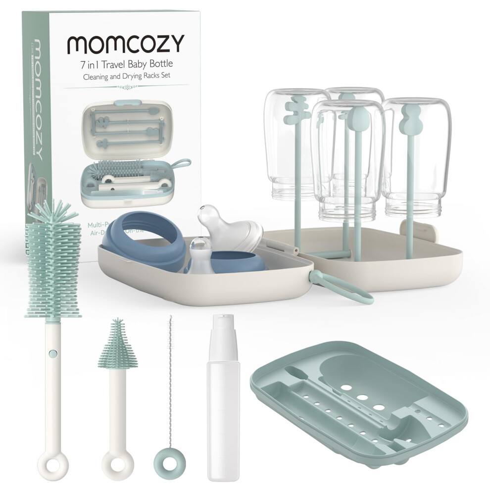 Bottle Brush Set - Baby Bottle Cleaner Kit With Silicone Brush, Nipple Brush, Straw Brush, Soap Dispenser, Drying Rack - 7 In 1 Bottle Cleani Momcozy