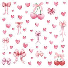 4 Sheets 36Pcs Pink Heart Wall Stickers,Bow Wall Decals,Cute Cherry Wallpaper for Room Decor,Nursery,Girls Room,Bedroom,Living Room