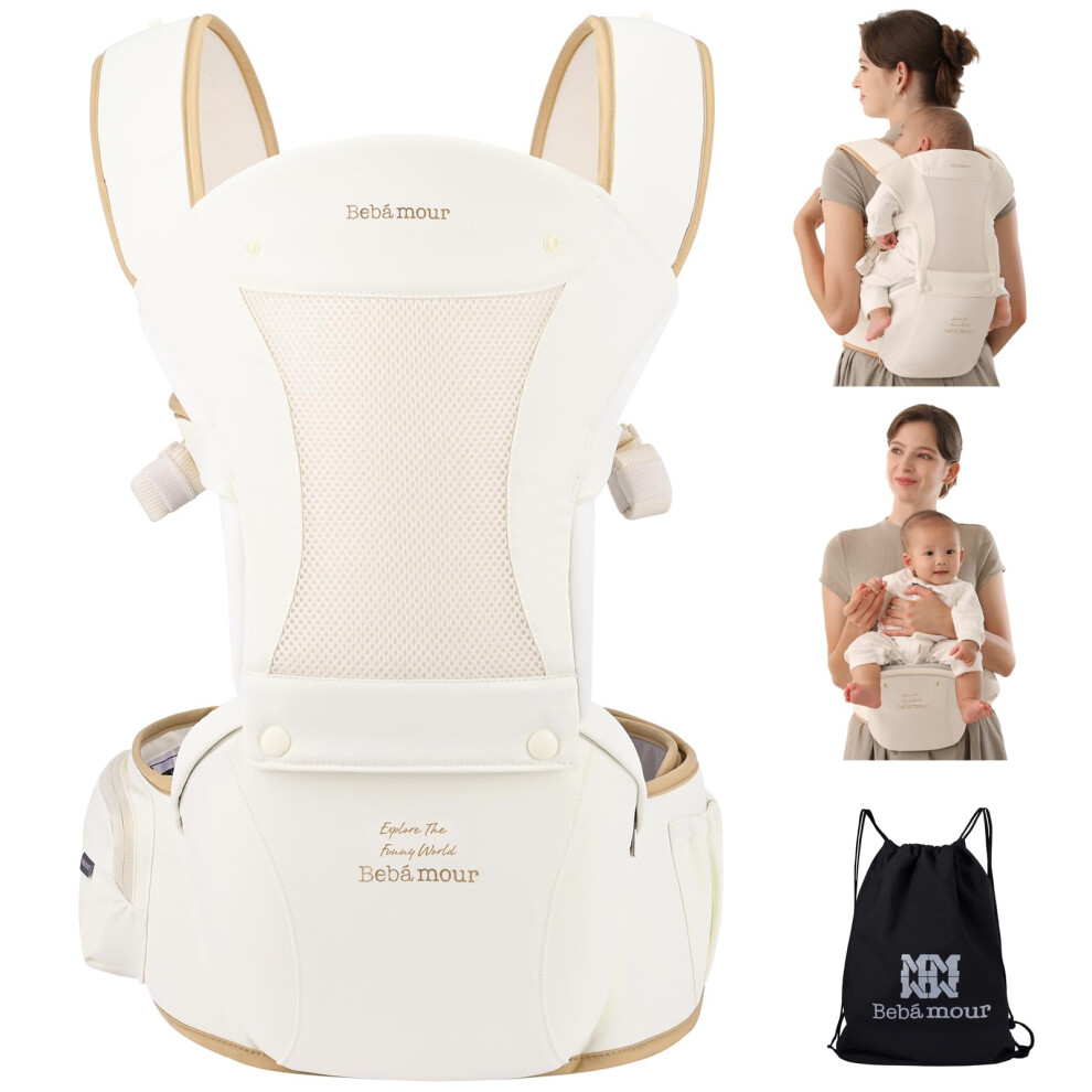 Bebamour Baby Carrier Newborn To Toddler Baby Carrier Hipseat 0-36Months With Head Hood, 3 Pcs Teething Pads, Waist Extender, Beige Bebear