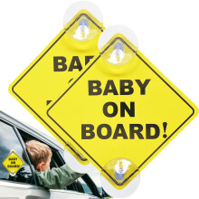 Baby on Board Car Sign 5"x5" with Suction Cups - Safety Warning Sticker - Reusable Kids' Window Cling for Cars (2 Pieces)