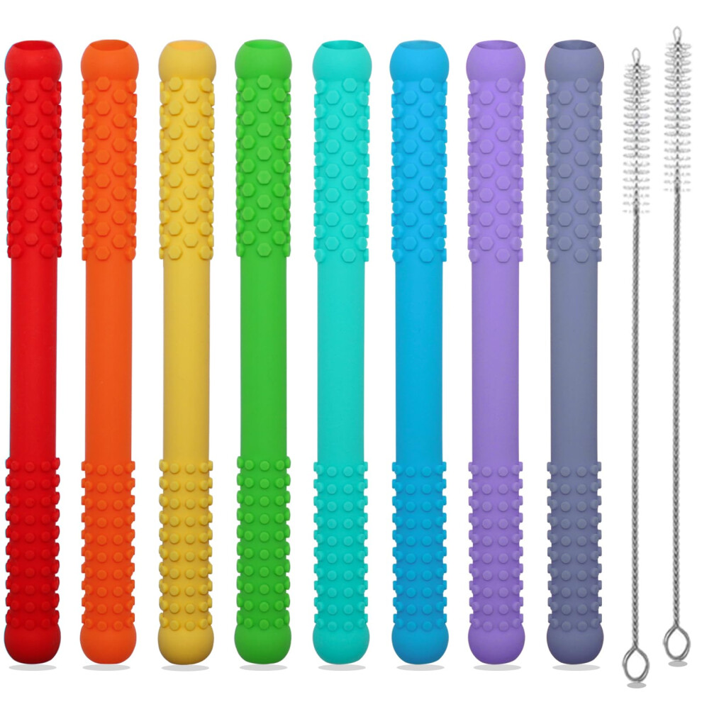 Hoaisun 8 Pack Teething Straws Sticks For Babies 6-12 12-18 Months, Hollow Teething Tubes For Infant Toddlers Nursing Biting Chewing, Silicone Teethers Autis