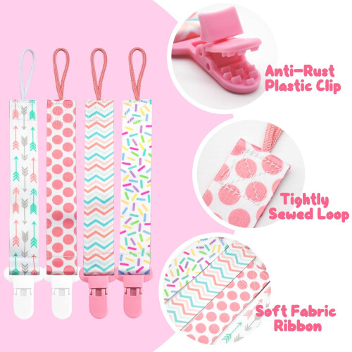 4 Pack Dummy Clips Girls, 4pcs Baby Pacifier Holde 1