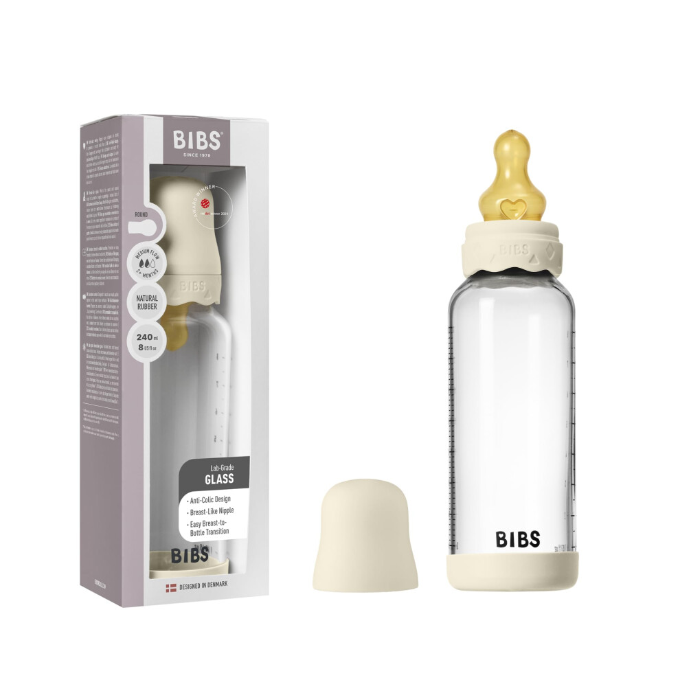 Boheme Baby Glass Bottle 8 Oz /240 Ml. Anti-Colic. Round Natural Rubber Latex Nipple. Supports Natural Breastfeeding - Ivory Bibs