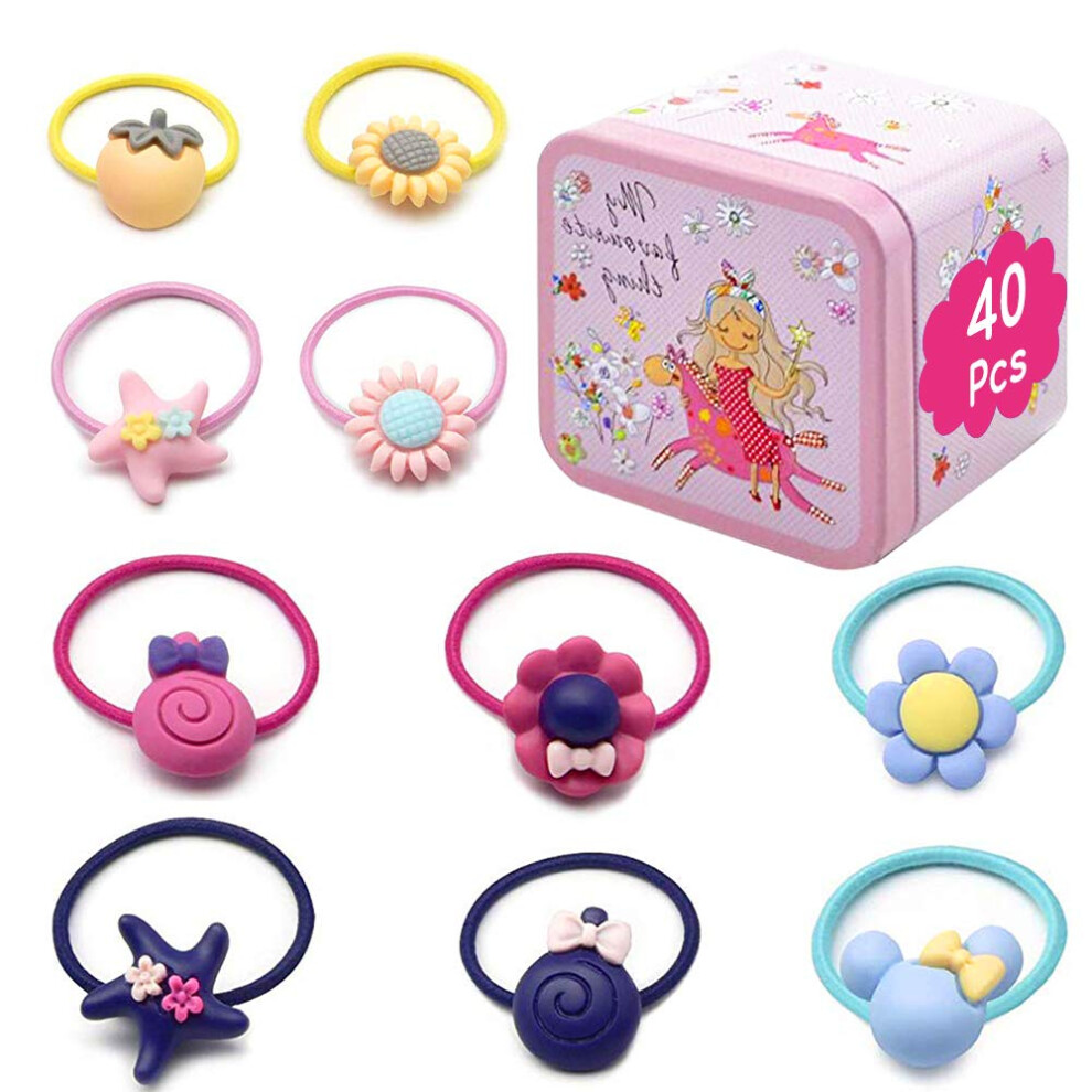 Xcozu 40 Pcs Toddler Girls Hair Accessories Hair Clips, Cartoon Multicolor Kids Hair Ties Little Girl Hair Bands, Baby Girls Childrens Elastic Hair T