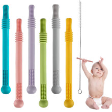 WUJUN 6Pack Hollow Teether Tubes, Silicone Baby Teether Toys, Chew Straws Toy for 3-12 Months Babies Molars, BPA Free/Freezable,with a Cleaning Brush