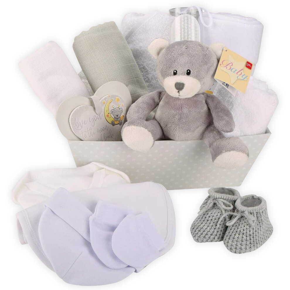 Unisex Baby Gift Hamper – 17 Essentials For Newborns | Baby Shower, Gender Reveal & Christening Gift With Plush Teddy Grey Baby Box Shop