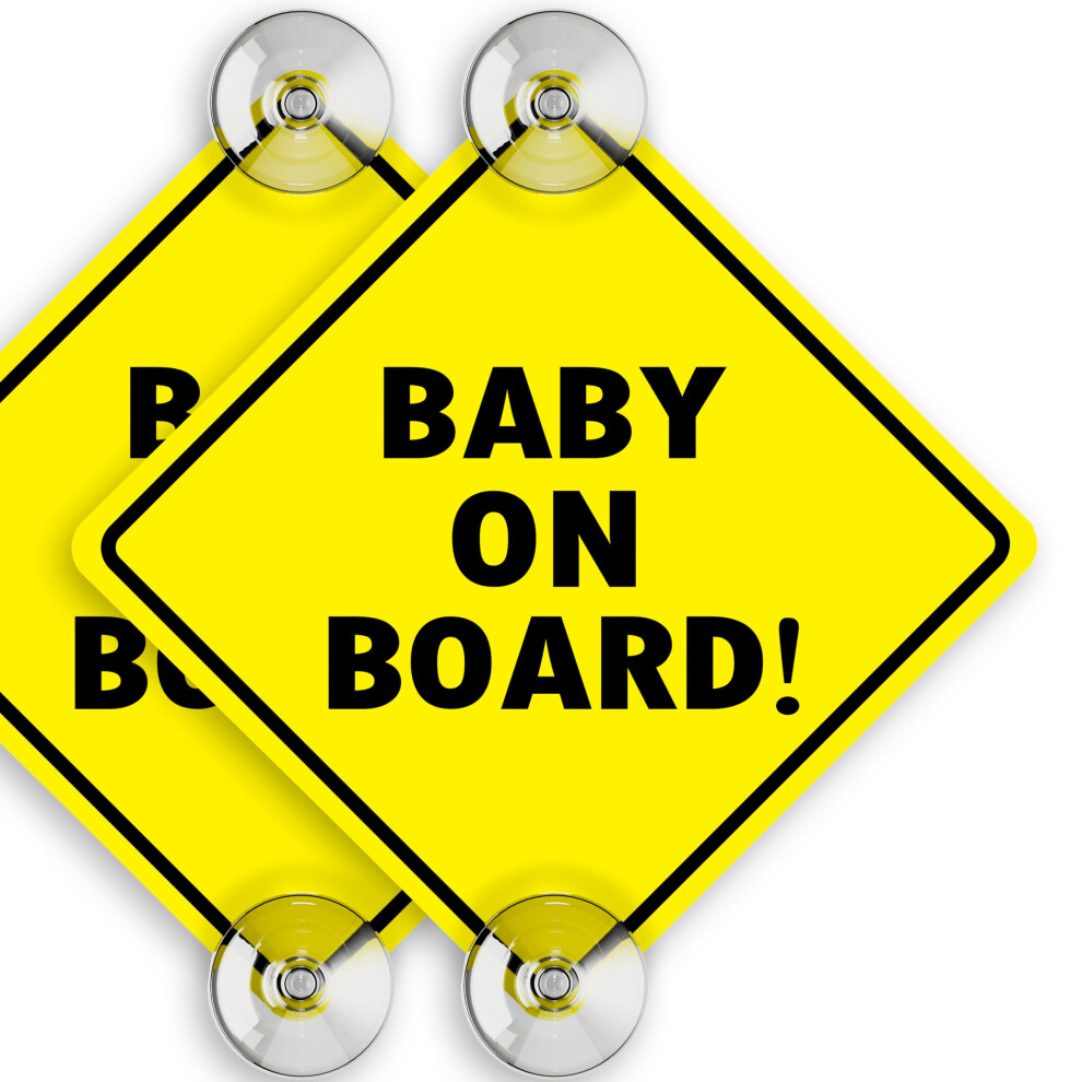 Baby On Board Sign For Car With Suction Cups - 2 Pack, 5" By 5" - Perfect For Baby, Toddler, Kid, Child - Bright Durable And Strong Suction Yellow Assured Signs