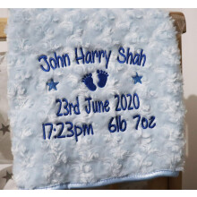 Personalised Baby Blanket Luxury Rosebud Style Blue Round Font Name Date Weight Time Print