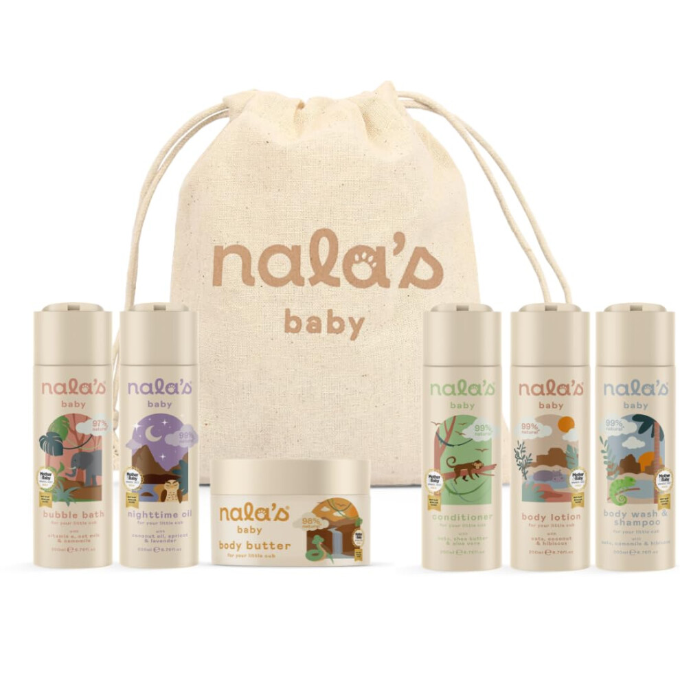 Nala's Baby Adventure Bundle | Body Wash & Shampoo, Body Lotion, Bubble Bath, Conditioner, Body Butter, Nighttime Oil | Cotton Drawstring Toiletry Ba