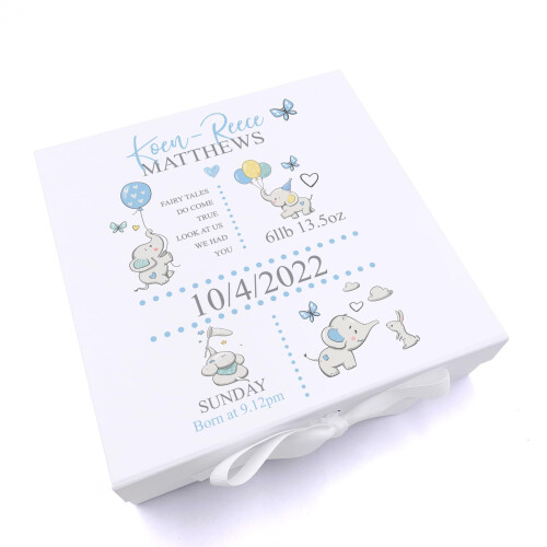 ukgiftstoreonline Personalised Baby Boy Elephants Design Keepsake Memory Box (Large)
