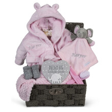 Personalised Baby Gift Basket for Girls Pink Large Gift Hamper Newborn Embroidered Elephant Comforter Blanket Shower Special Unique New Present Soft