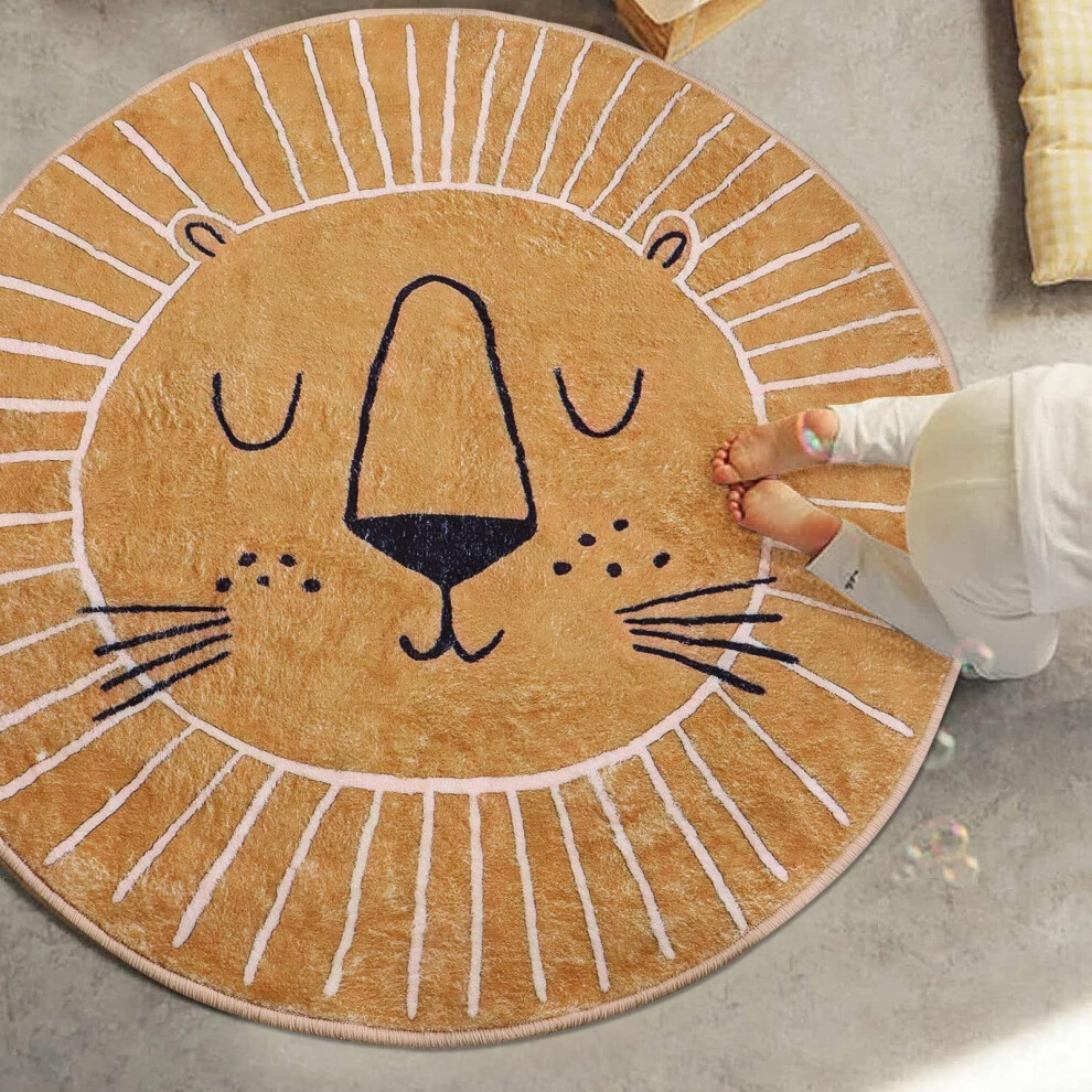 Cartoon Round Rug Kids Playmat Lion Bedroom Brown Rururug