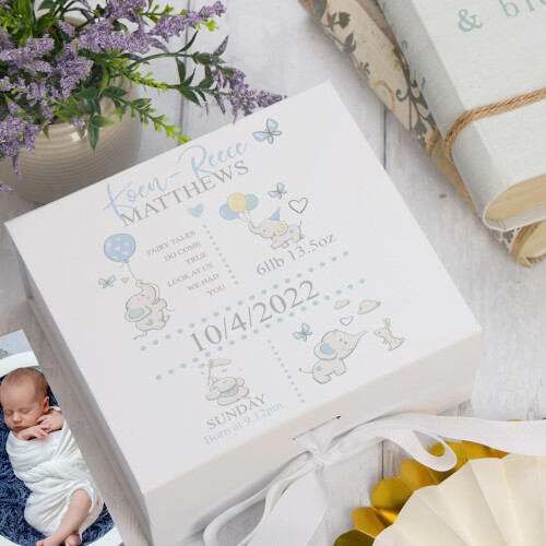 ukgiftstoreonline Personalised Baby Boy Elephants Design Keepsake Memory Box (Large) 1