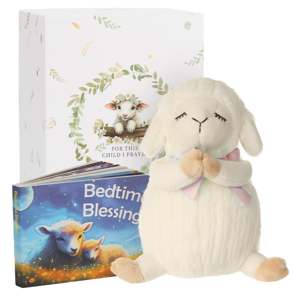 Baptism Gifts For Girls And Newborn Baby, Christening Gifts Set, 7" Praying Lamb Plush Toy And Bedtime Blessing Book In Keepsake Gift Box Sawnfay