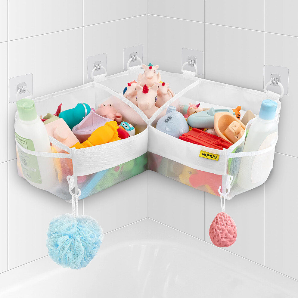 Mumuq 3 Compartments Bath Toy Storage Corner Bath Toy Holder For Bathtub, Kids Tub Toys Organizer With Adhesive Hooks, Quick-Drying Machine-Washable Mesh B