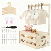 Lunayuomi Baby Shower Crate Closet with 5 Hangers Wooden Baby Basket with Handle Wooden Babies Storage Crate Hamper Decorative Babys Clothes Rack fo