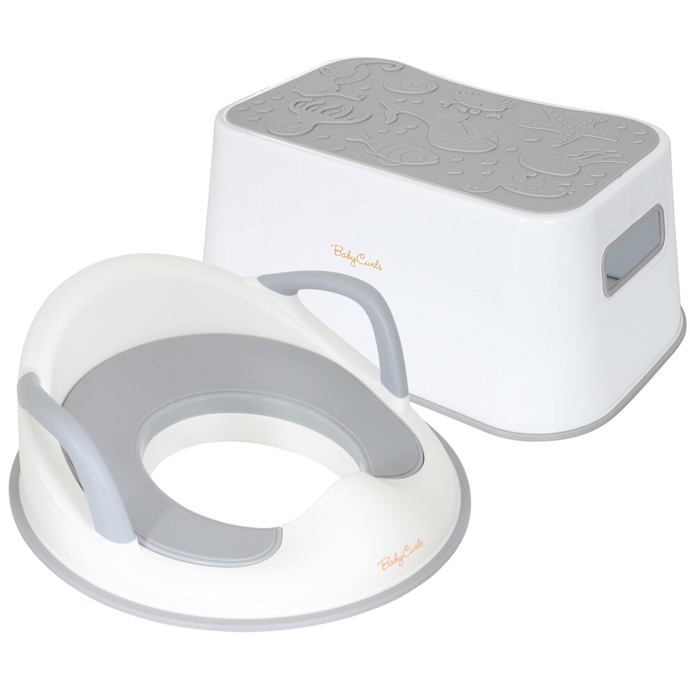 Babycurls Toddler Toilet Training Seat With Handles & Non Slip Ocean Themed Step Stool Combo - Secure Fit Anti-Slip Surface And Lightweight Portable